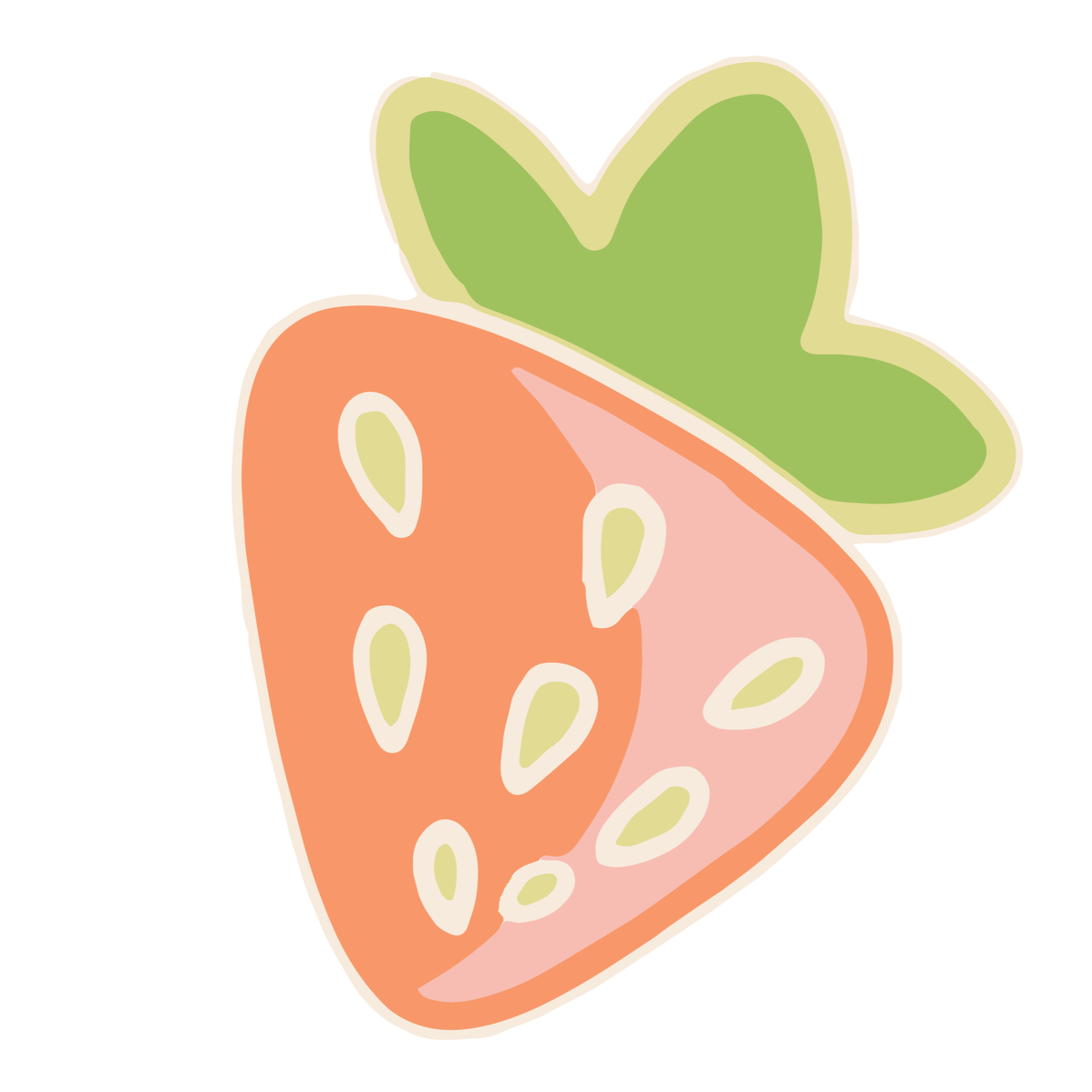 Illustration minimaliste d'une fraise avec des graines blanches et des feuilles vertes au sommet.