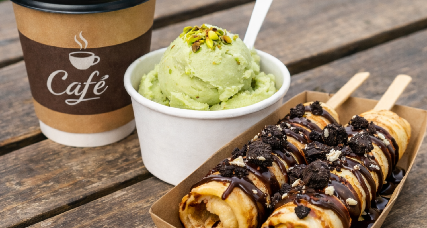 Glace à la pistache avec des pistaches hachées, un café à emporter et des crêpes glacées au chocolat et biscuits dans un plateau en carton sur une table en bois.