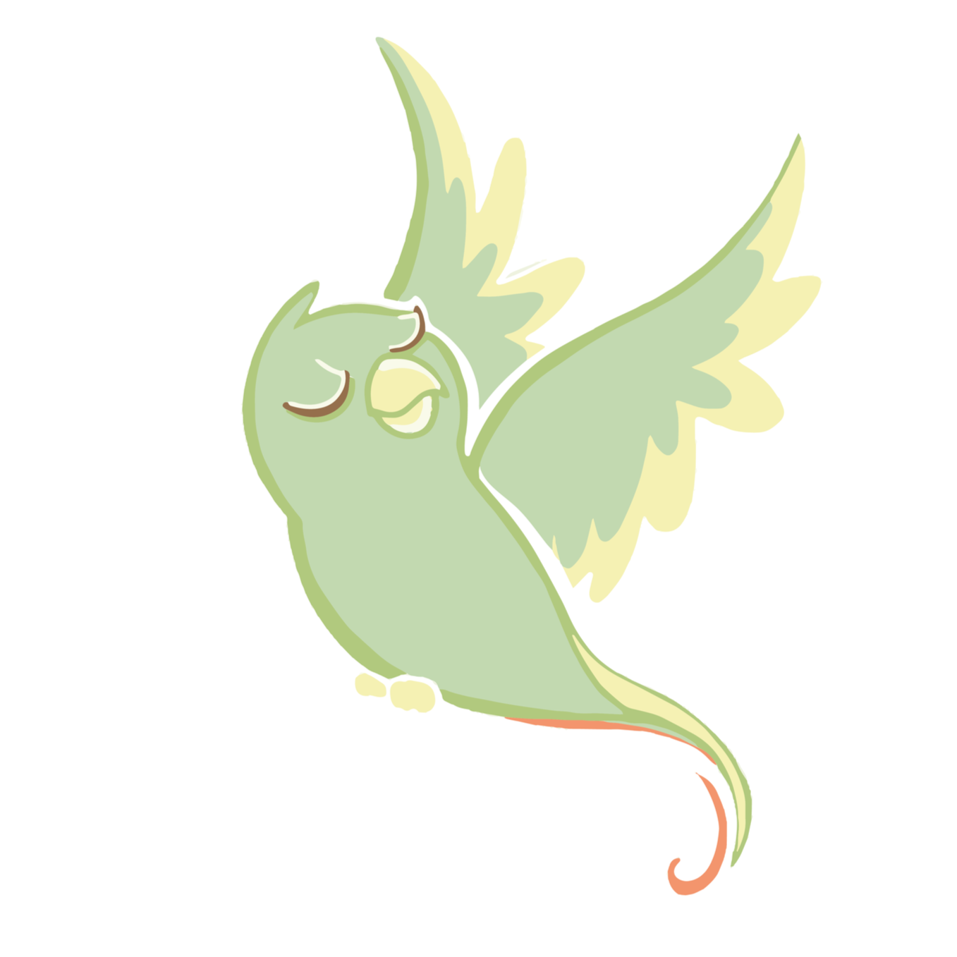Un dessin d'un oiseau vert avec des ailes jaunes, en train de chanter avec les yeux fermés.