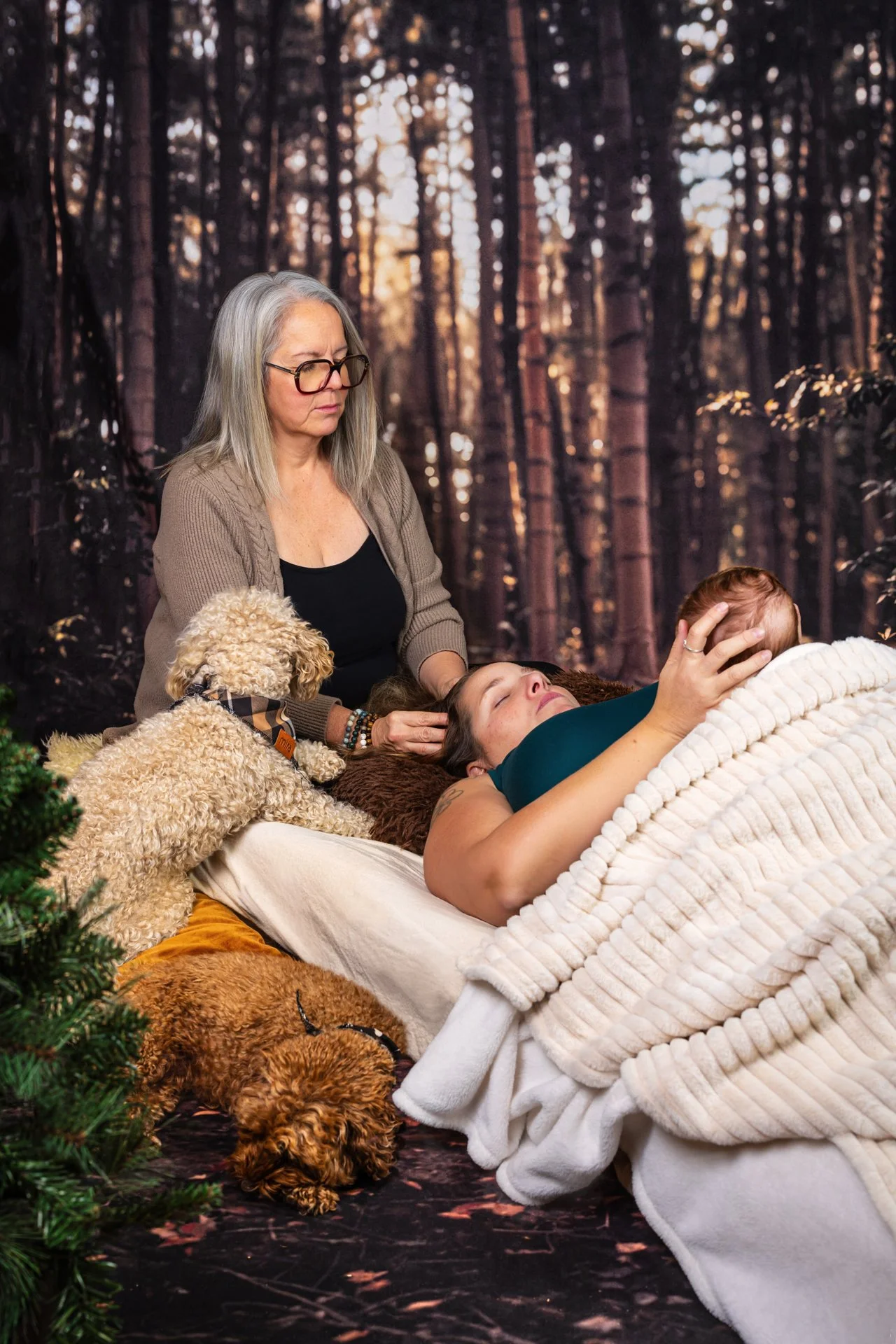 Une femme allongée, recevant une séance de massage ou de relaxation, entourée de plusieurs chiens dans un décor de forêt.