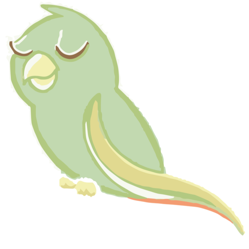 Un dessin d'un oiseau vert avec les yeux fermés, montrant une expression paisible et calme.