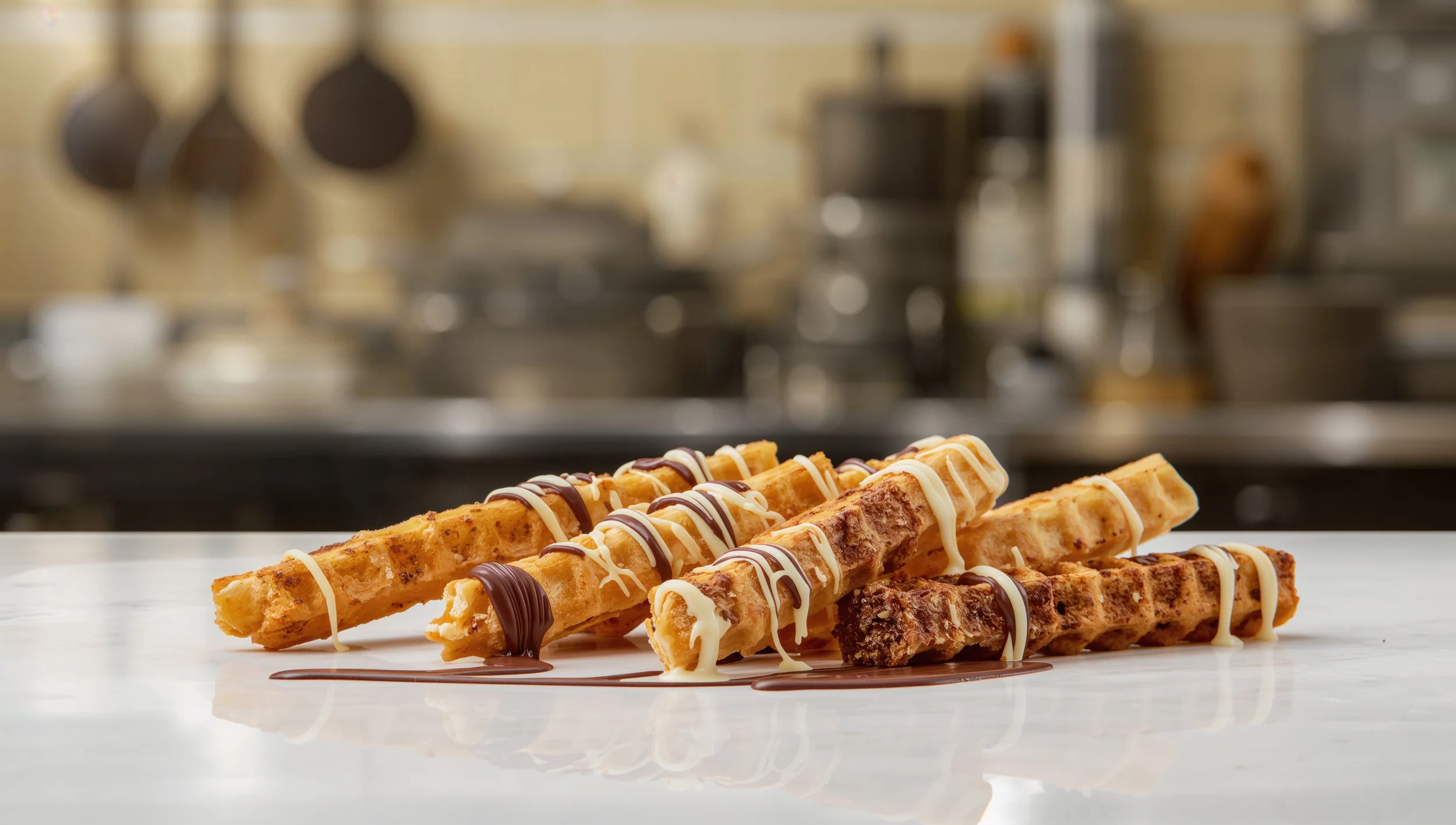 Quatre gaufres décorées avec du chocolat blanc et du chocolat noir fondant, disposées sur une surface blanche dans une cuisine en arrière-plan.