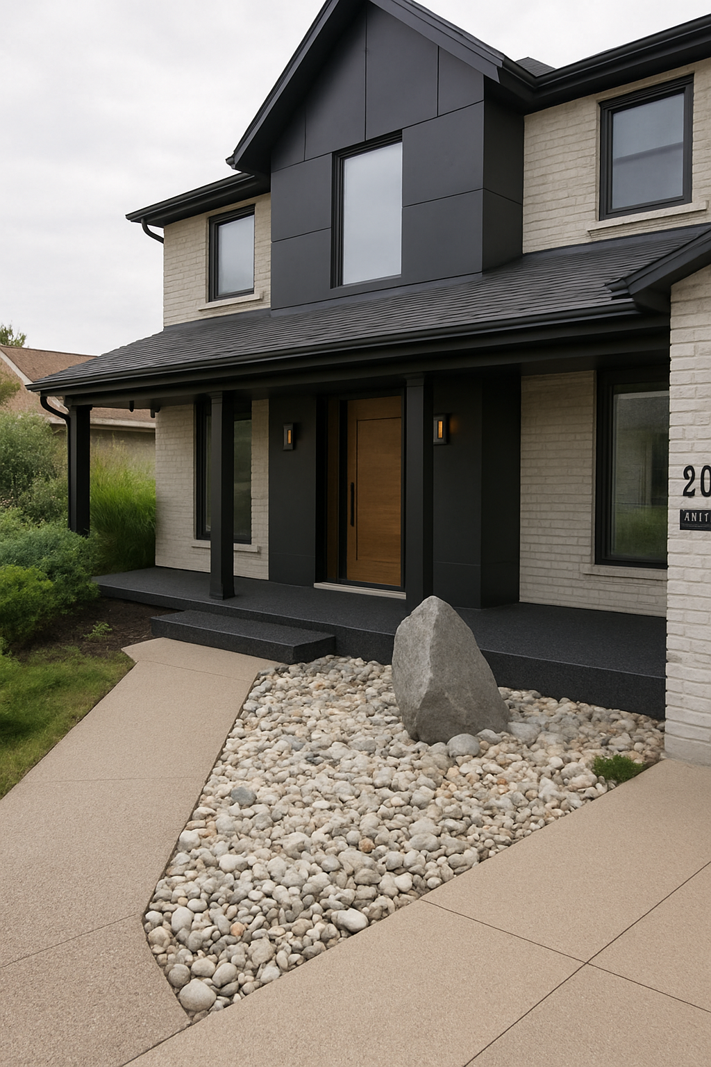 Modern house with a black and white exterior, wooden front door, and a small rock garden with a large stone, surrounded by a beige concrete pathway.