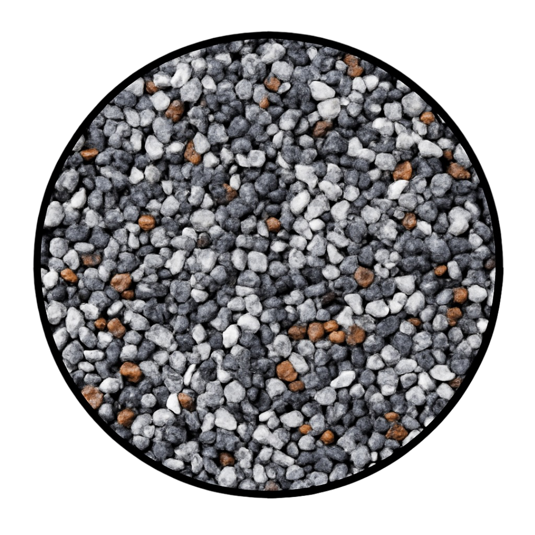 Close-up view of small gray and white gravel stones with some brown stones mixed in.