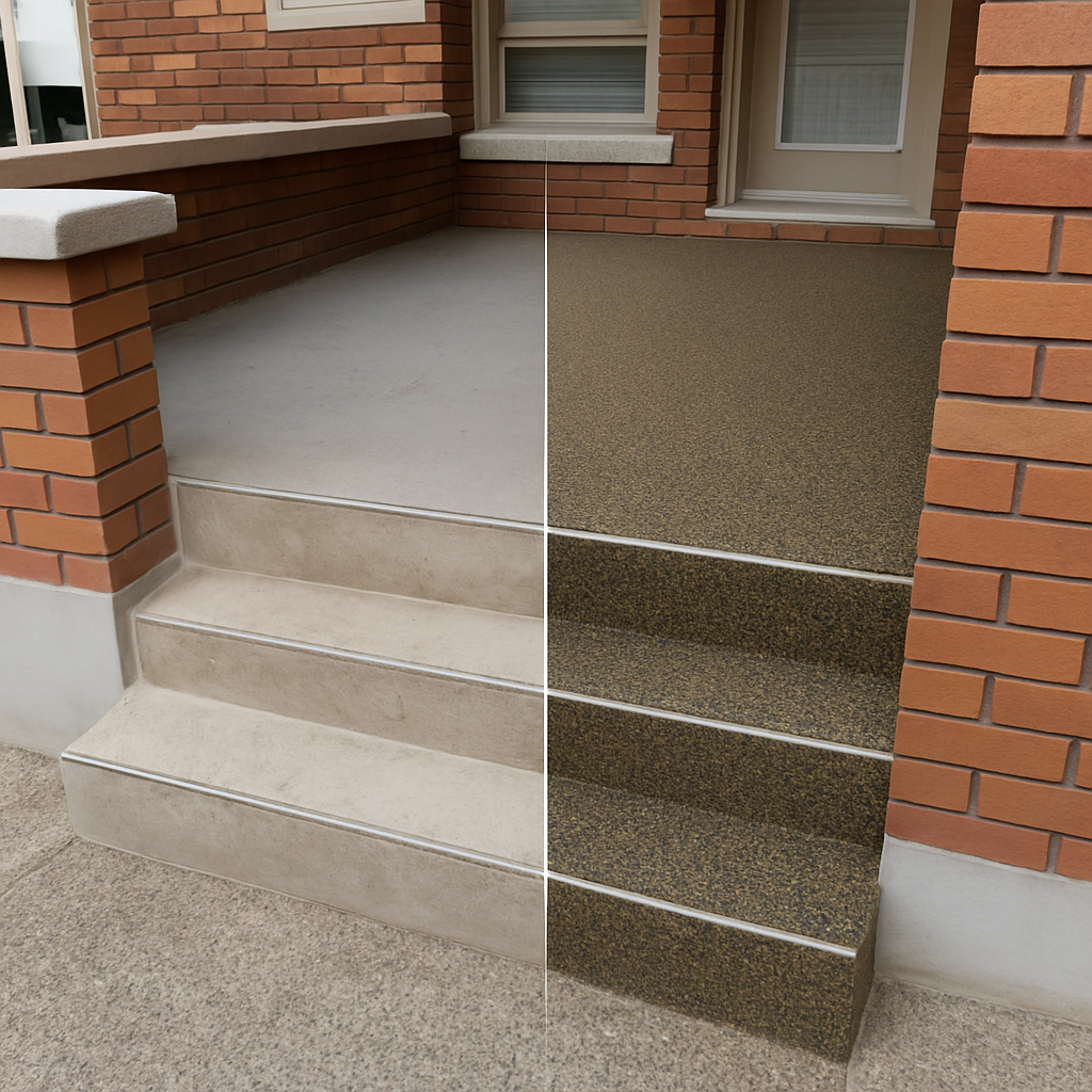 A side-by-side comparison of two staircases leading to a porch, with brick walls and a window in the background. The left staircase is made of light-colored concrete, while the right staircase is made of dark-colored textured material. The porch area is also divided into light and dark sections.
