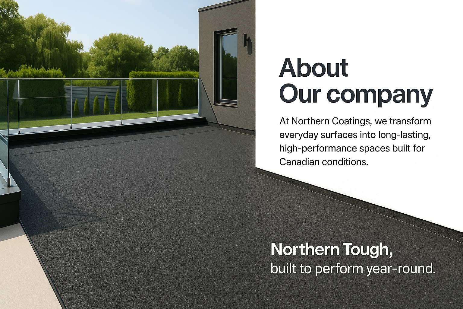 Image of a balcony or rooftop terrace with glass railing, green trees in the background, and an exterior wall with a window. There is also promotional text about Northern Coatings on the right side of the image, mentioning high-performance surfaces for Canadian conditions.