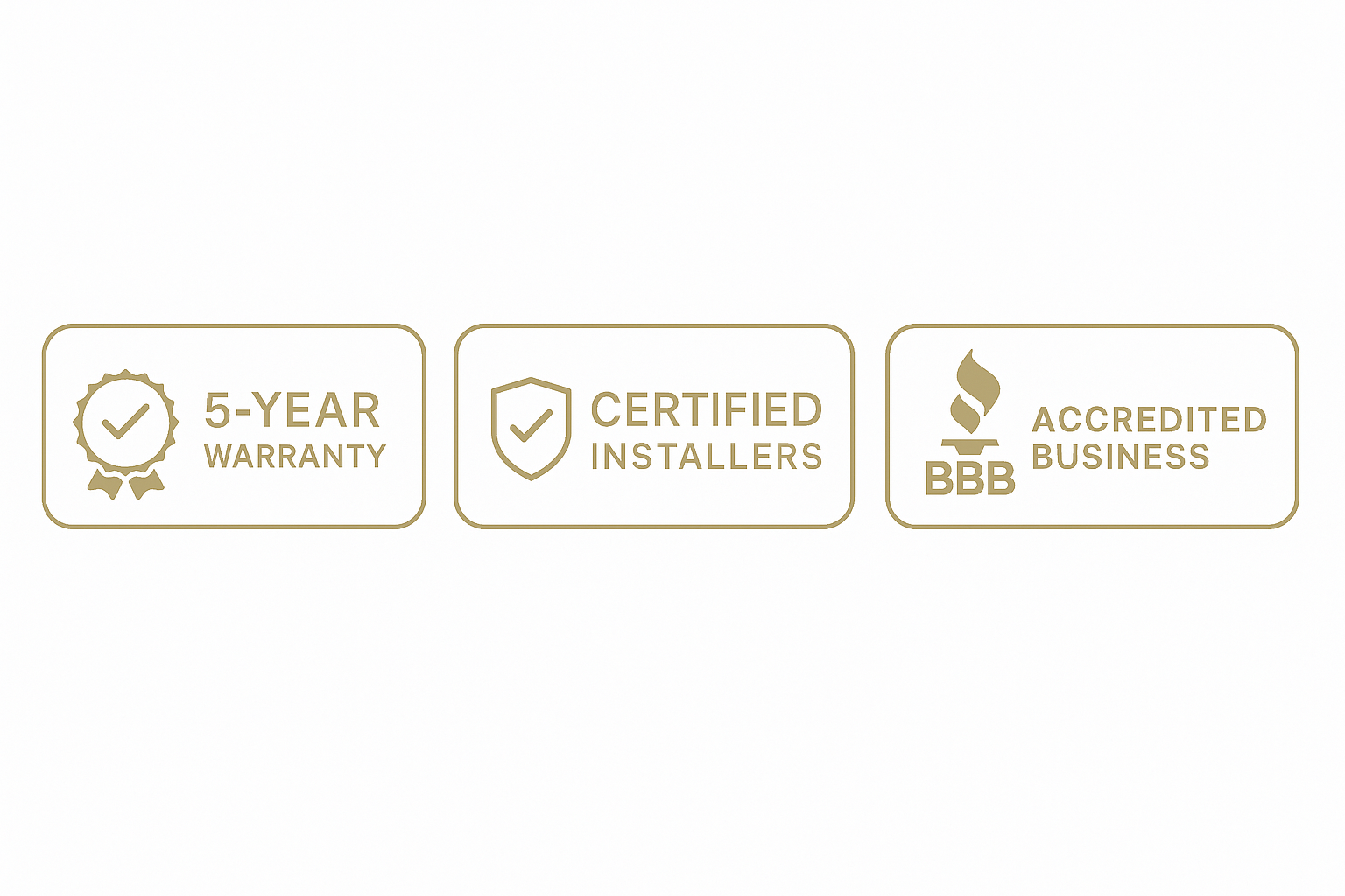 Icons and text indicating a 5-year warranty, certified installers, and BBB-credited business