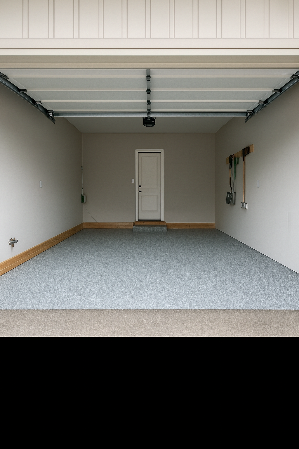Empty residential garage with a closed door, walls with cleaning tools hanging, electrical outlets, and a textured floor. Epoxy flake floor system
