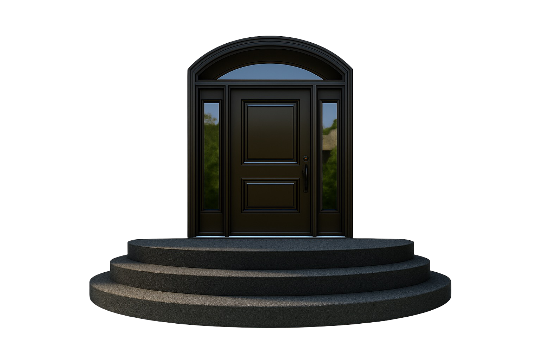 Black front door with glass side panels and an arched window, accessed by a round set of steps.