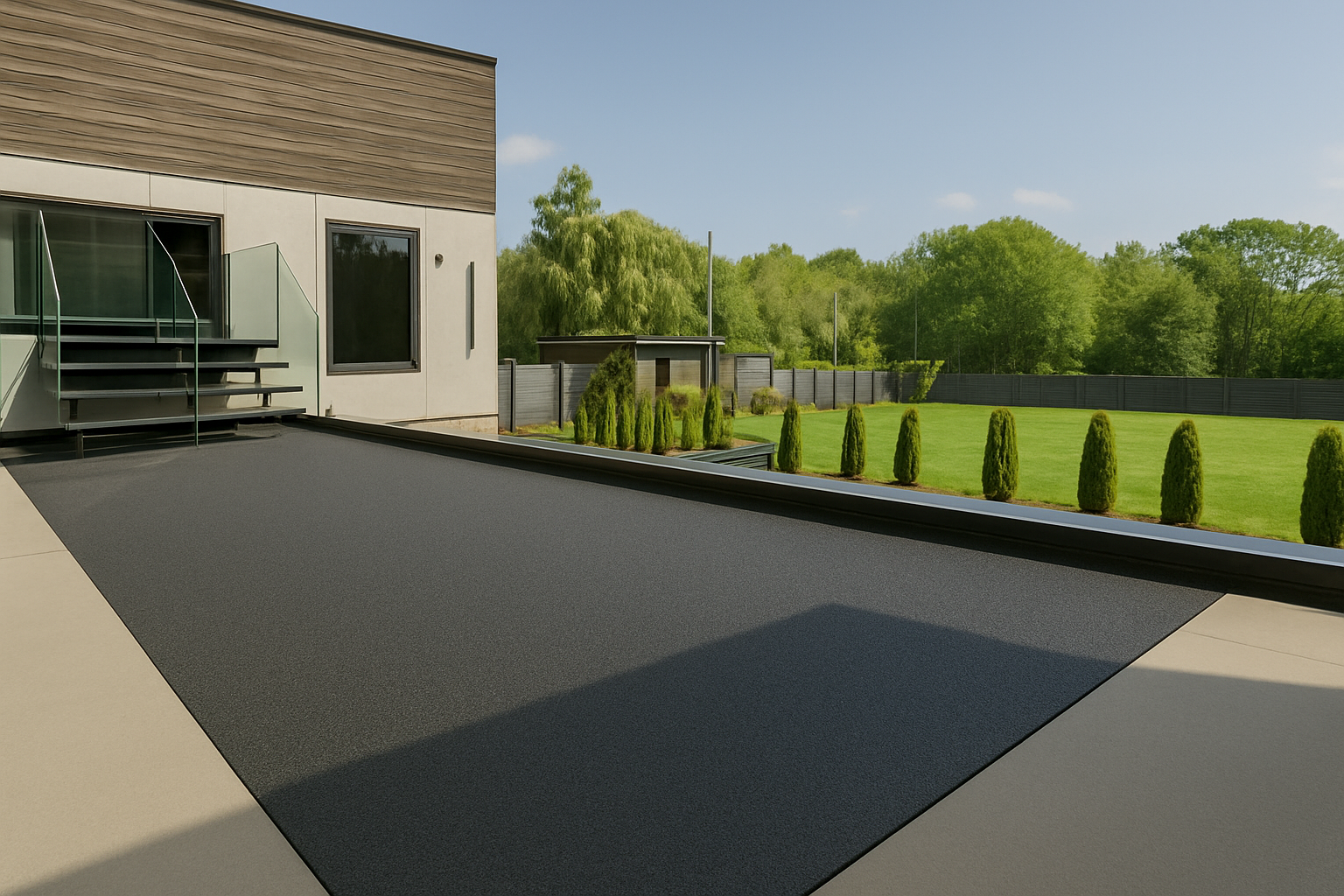 Modern house with balcony and stairs, overlooking a backyard with green lawn, trees, and a fence on a sunny day.