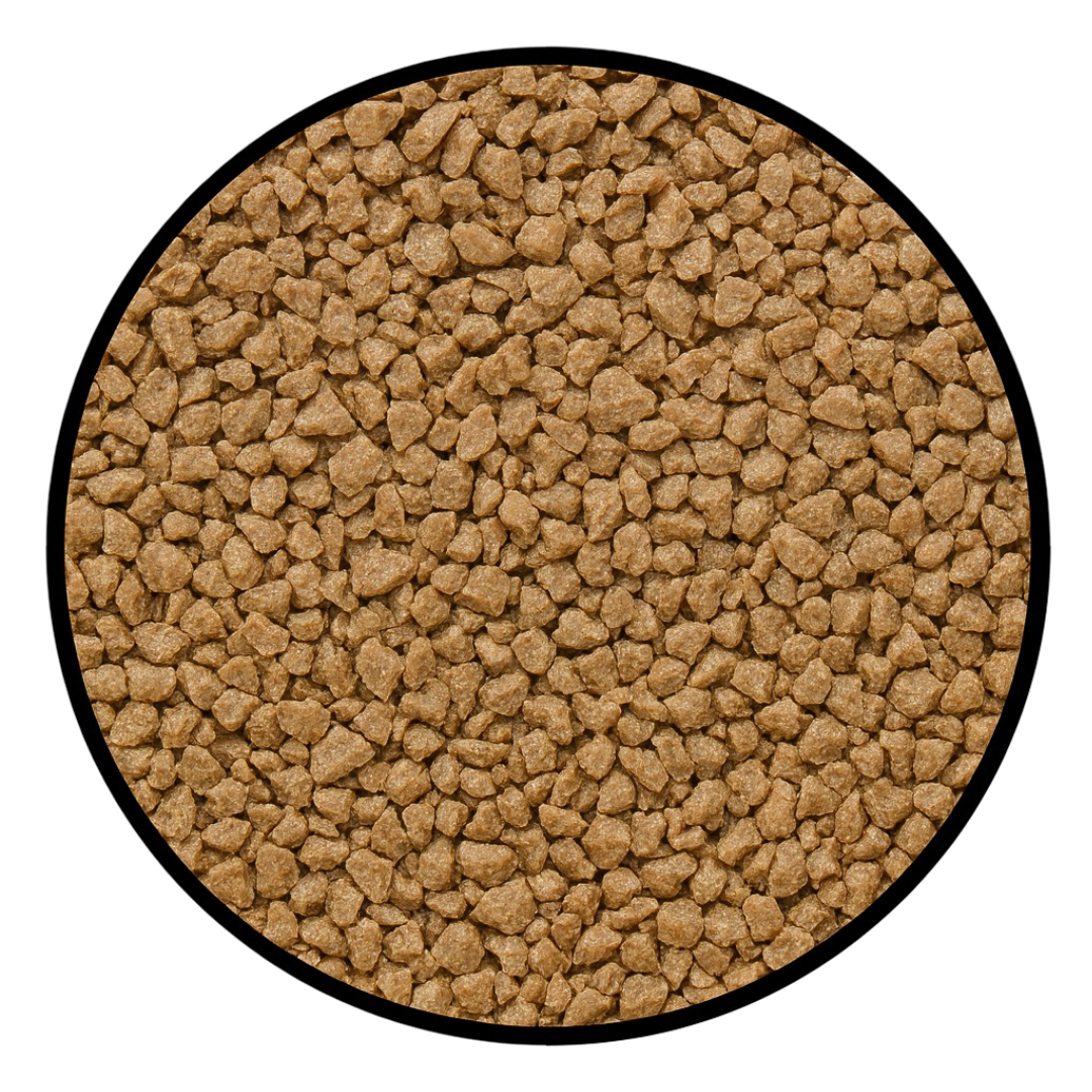 Close-up of dry brown granular substance in a black circle.