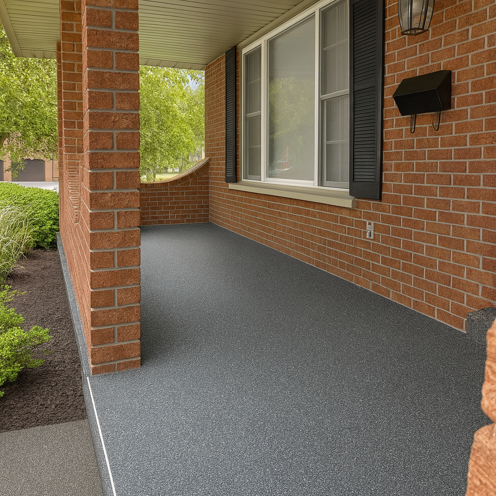 Empty brick porch with black shutters, white-framed window, black wall-mounted mailbox, outdoor light fixture, and gray textured flooring.