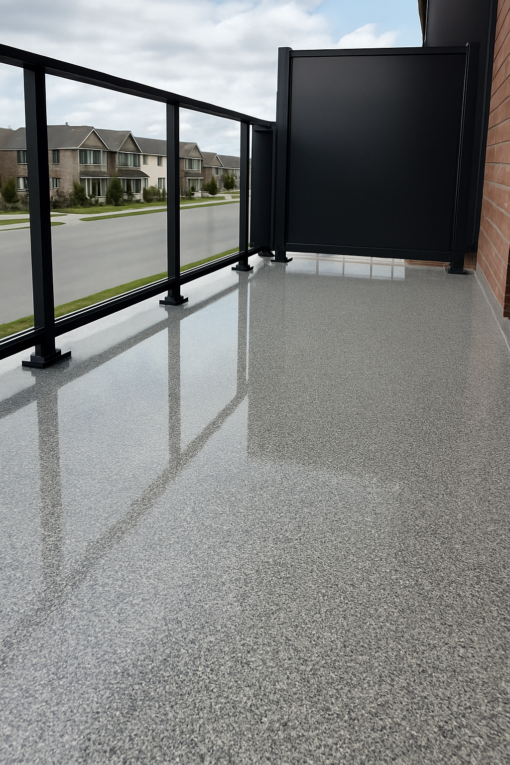 Empty balcony with black metal railing, polished terrazzo floor, brick wall on the right, and residential houses with lawns across the street under cloudy sky.