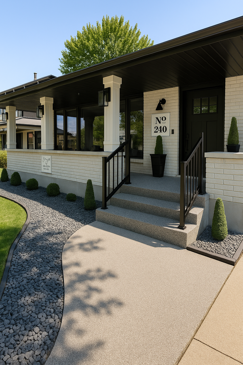 Modern house with white brick exterior, black door, potted plants, and stairs leading to entrance, surrounded by landscaped garden with small bushes and trees.