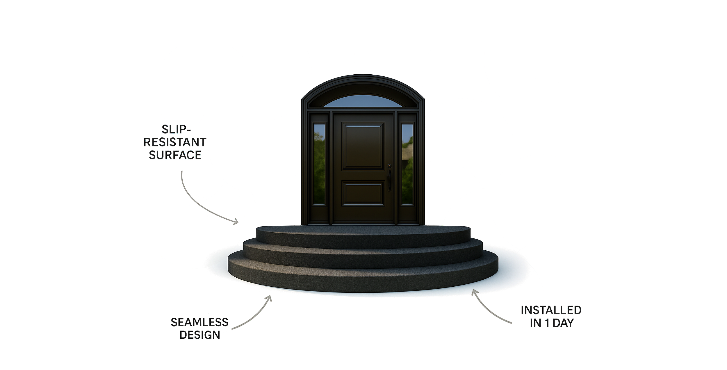 Black front door with arched window and installed in one day. Features slip resistant surface and seamless design with steps leading up to the door.