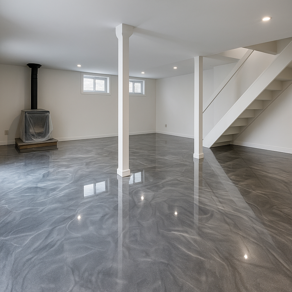 Empty finished basement with polished gray marble floors, white walls, small windows, a white staircase, and a wood stove covered in plastic.