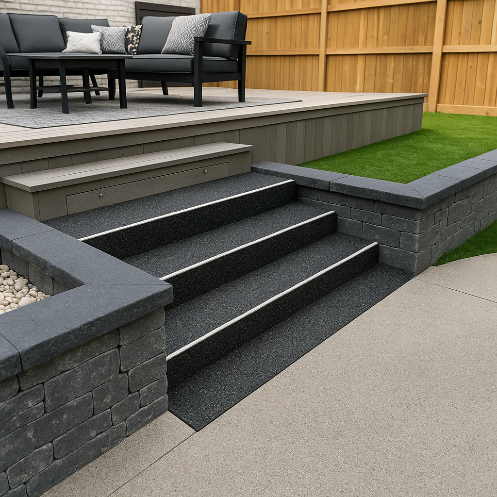 A backyard patio with black stairs, a grey stone wall, and a raised wooden deck with outdoor furniture and pillows.