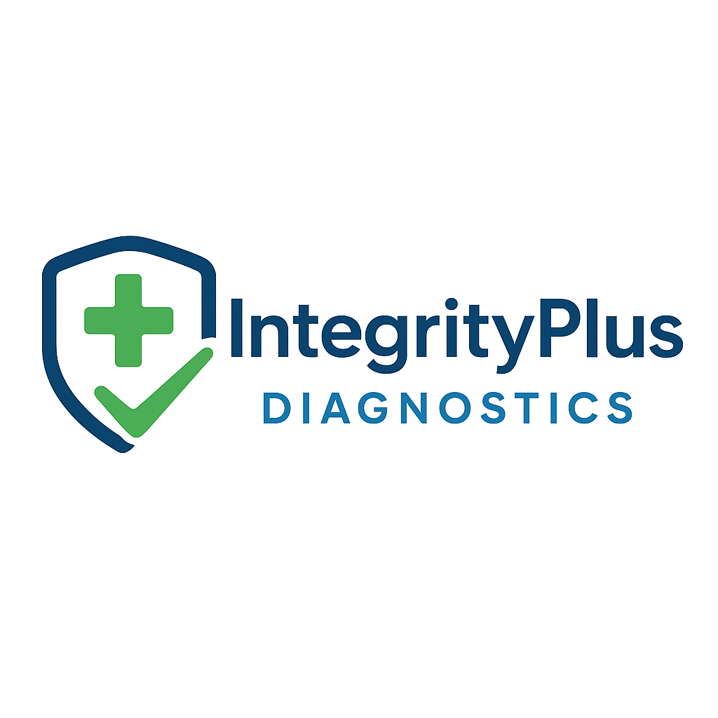 Logo of IntegrityPlus Diagnostics featuring a green medical cross inside a shield with a check mark, and the company name in blue text.