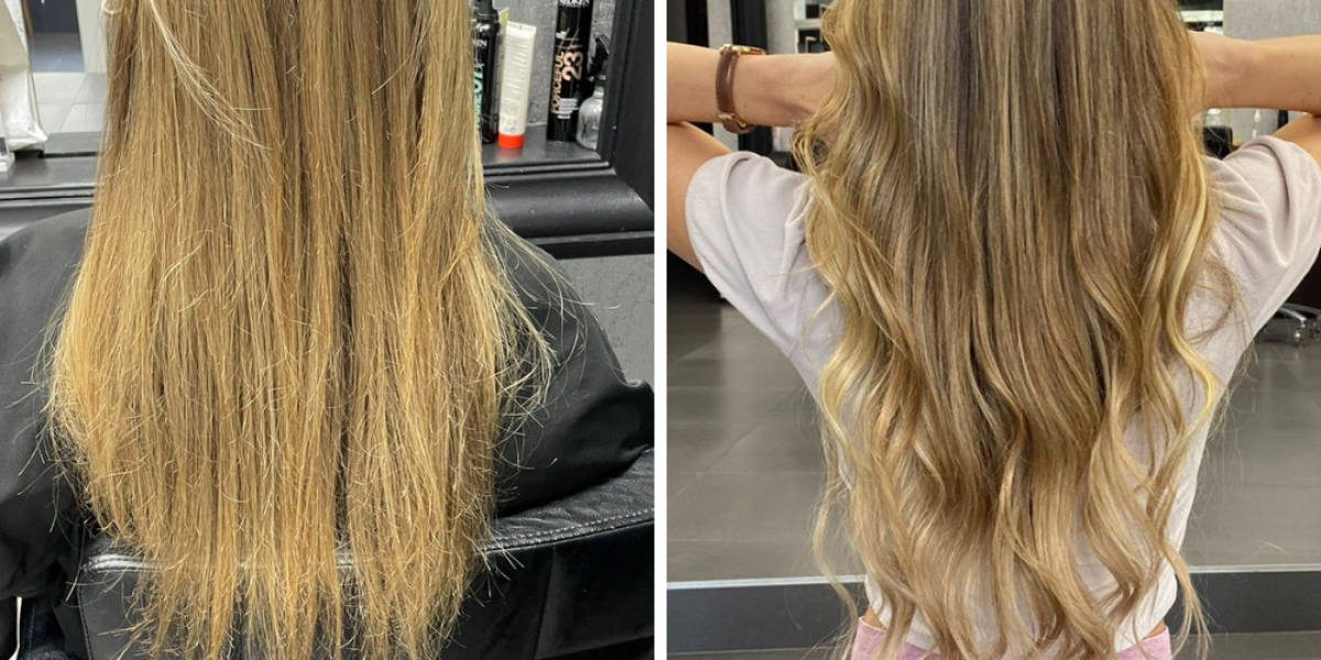 Close-up of wavy, blonde hair with highlights.