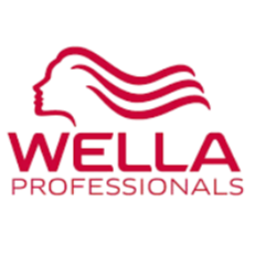 Wella Professionals logo featuring a stylized red wave and the brand name in red text.