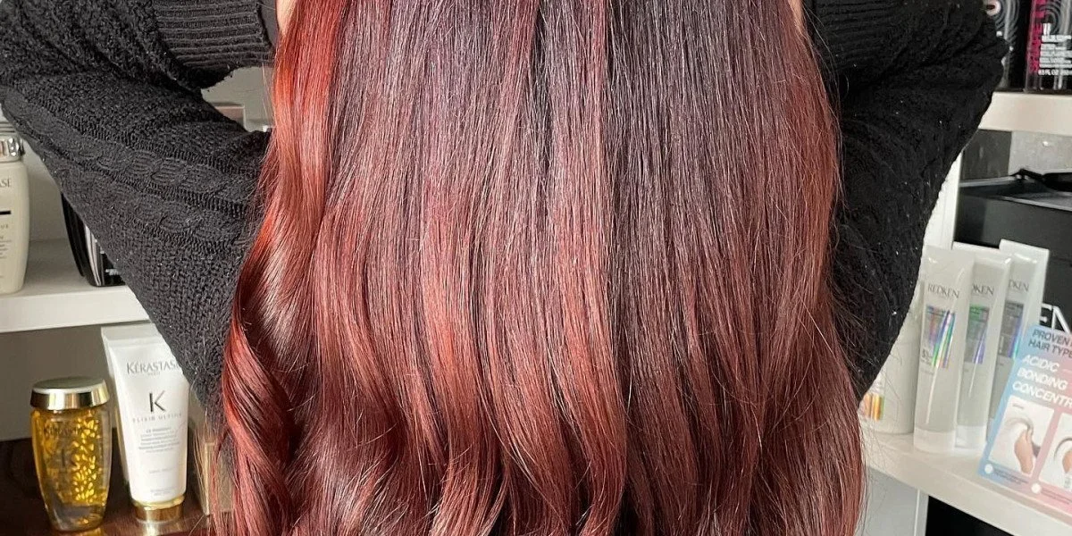 Back of a person with long, straight, shiny reddish-brown hair in a salon setting.