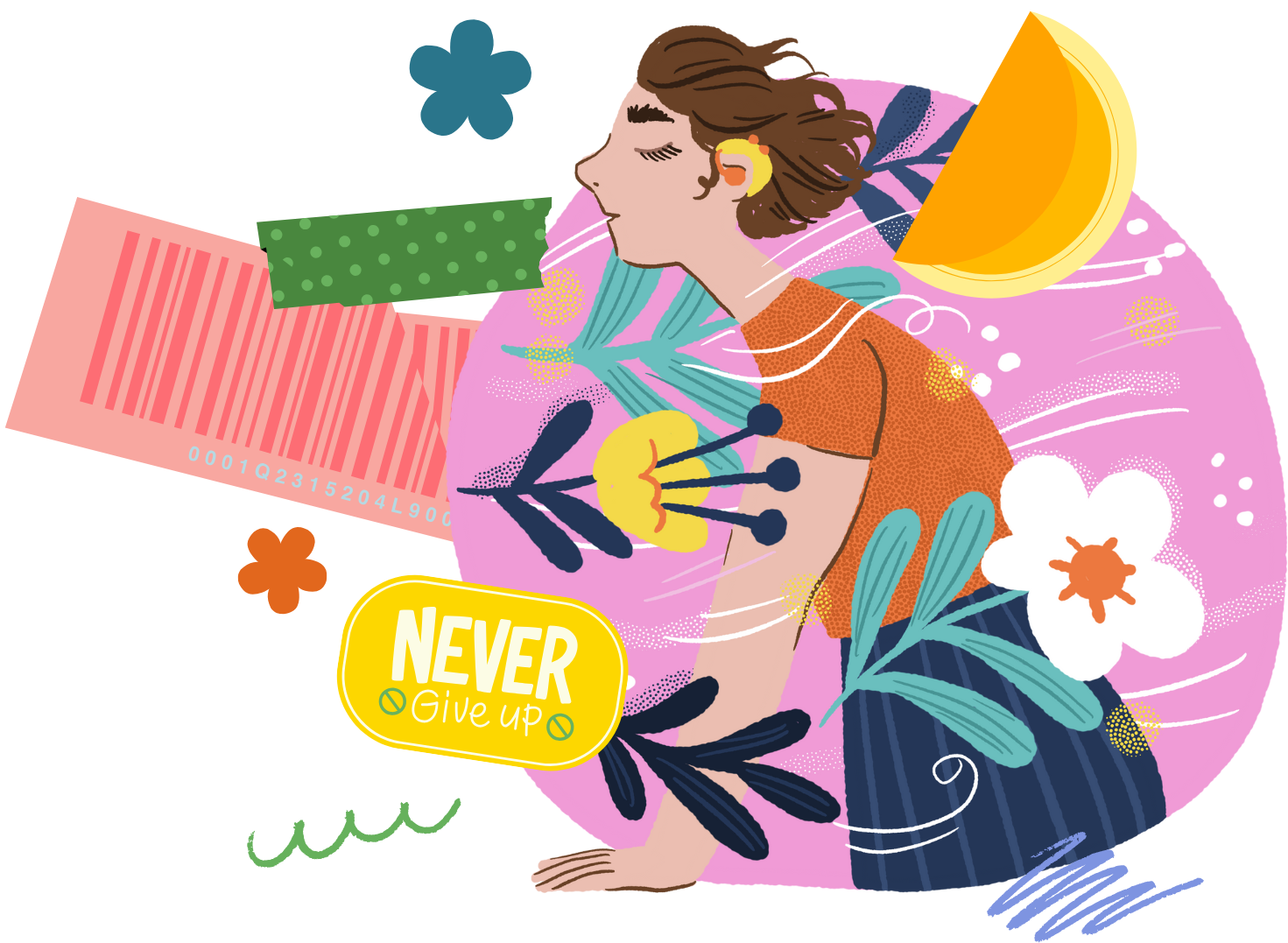 Illustration of a woman in a yoga pose, surrounded by colorful flowers, leaves, a lemon wedge, and motivational text saying 'Never Give Up'.