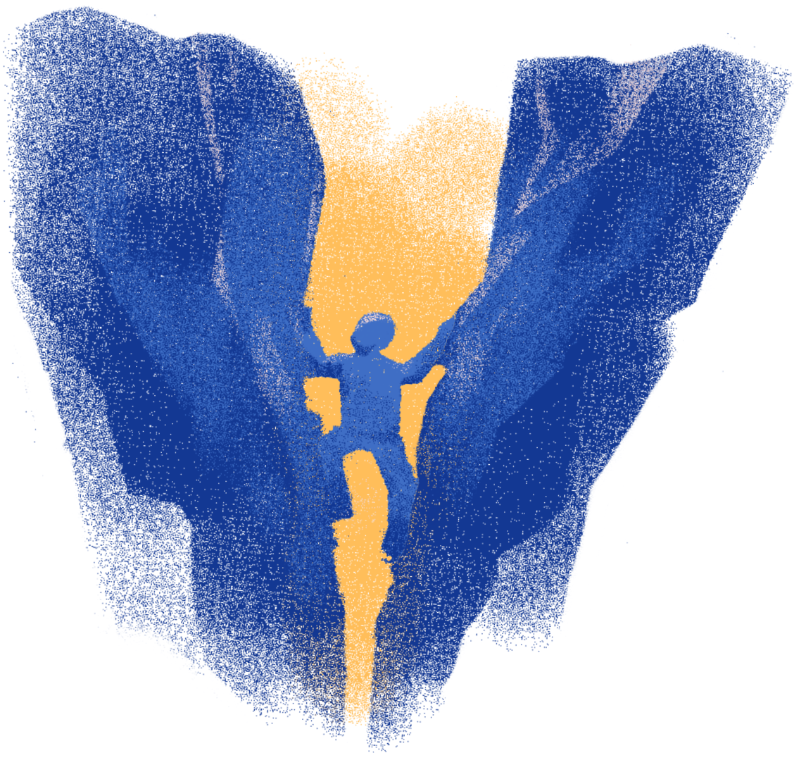 Stylized digital artwork of a person climbing a canyon or crevice, with hands holding onto the rock walls, depicted in blue and orange tones.