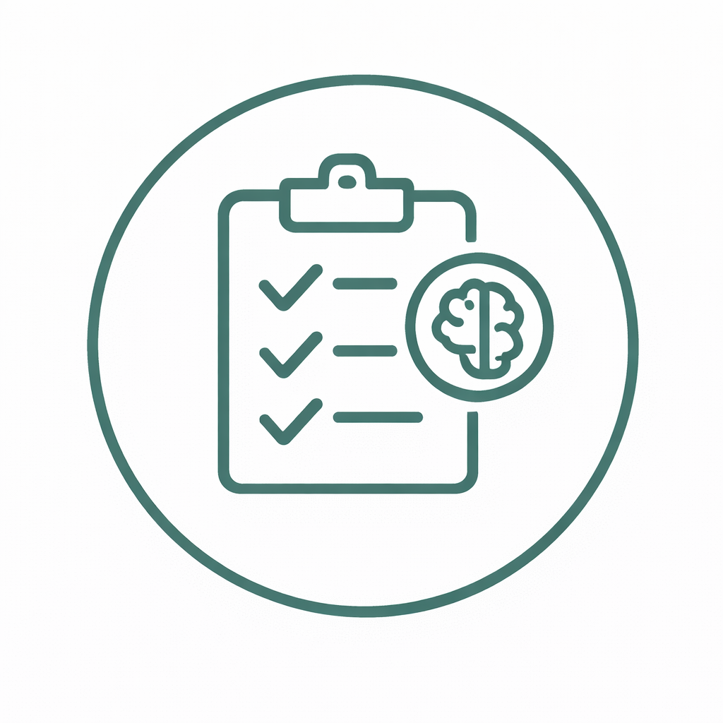 A circle enclosing an outline of a checklist on a clipboard and a brain icon, representing mental health or psychological assessment.