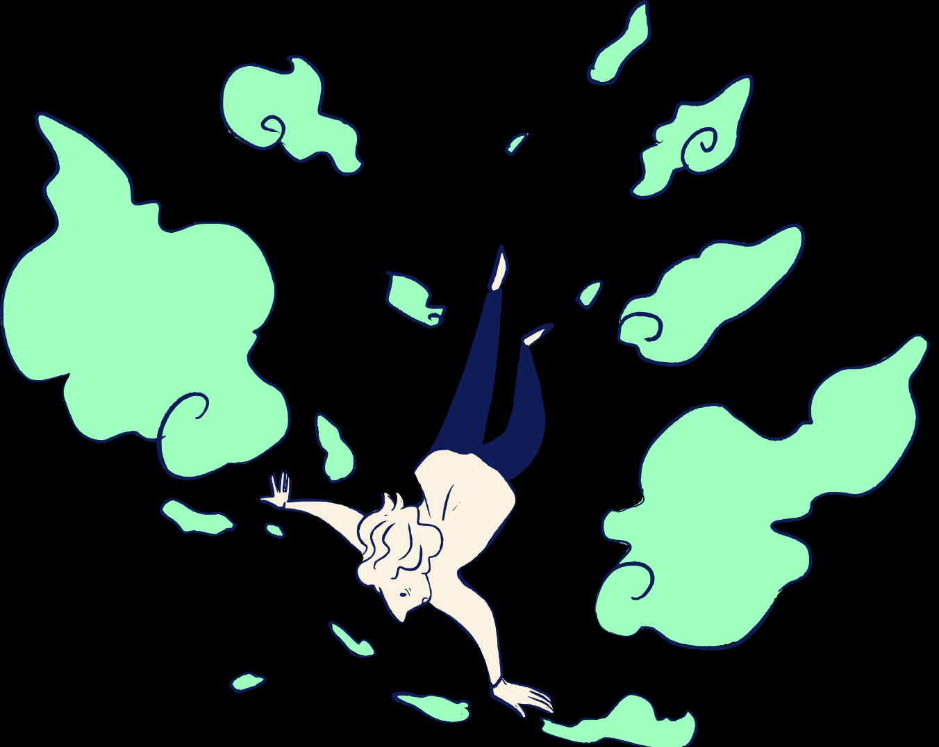 A person with long hair falling through a dark background with green cloud shapes surrounding them.
