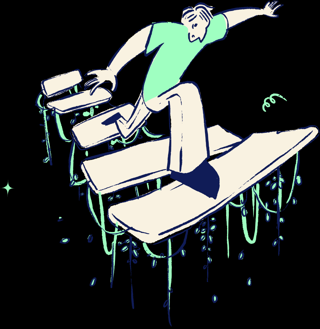 A stylized illustration of a person with long hair, wearing a short-sleeved shirt and pants, balancing on a tree branch with one foot and reaching out with one hand. The background is black, with glowing green vines and leaves hanging from the branch.