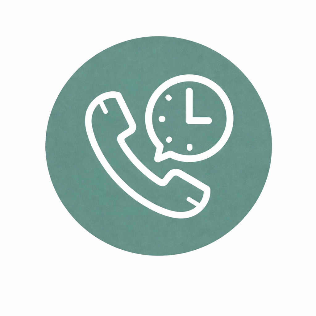A circular icon with a telephone handset and a clock inside a speech bubble, representing a call or contact time.