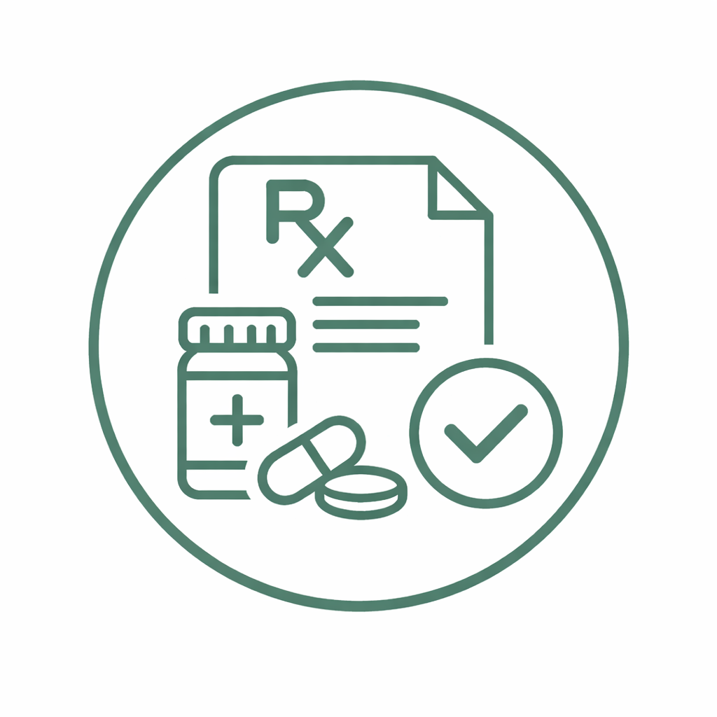 Icon representing prescription medication, including a medicine bottle, capsules, medication document, and a check mark.