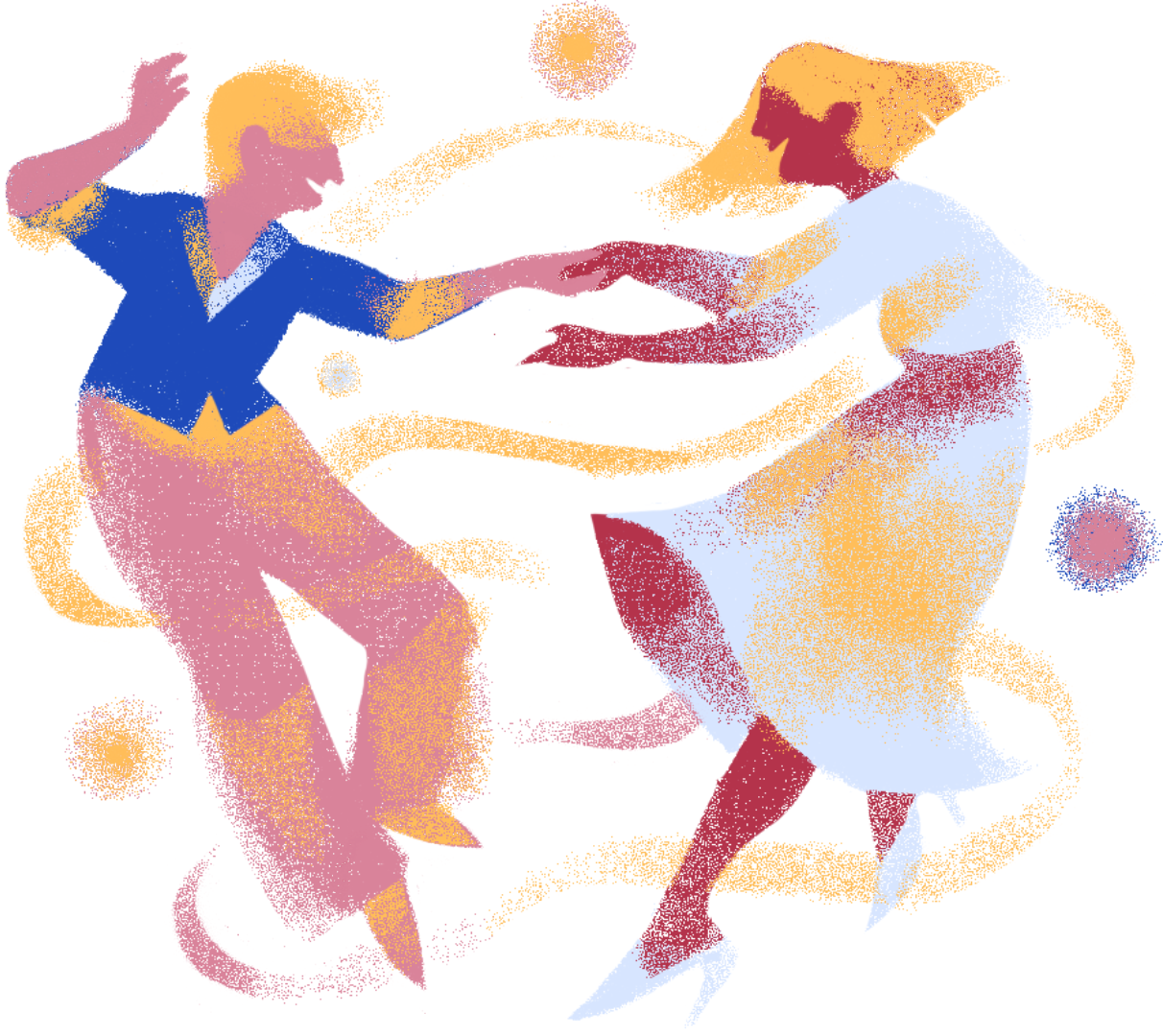 Pointillist-style illustration of a woman and a man dancing together; the woman is wearing a blue top and pink pants, the man a white shirt and blue shorts, with swirling lines and abstract circles in the background.