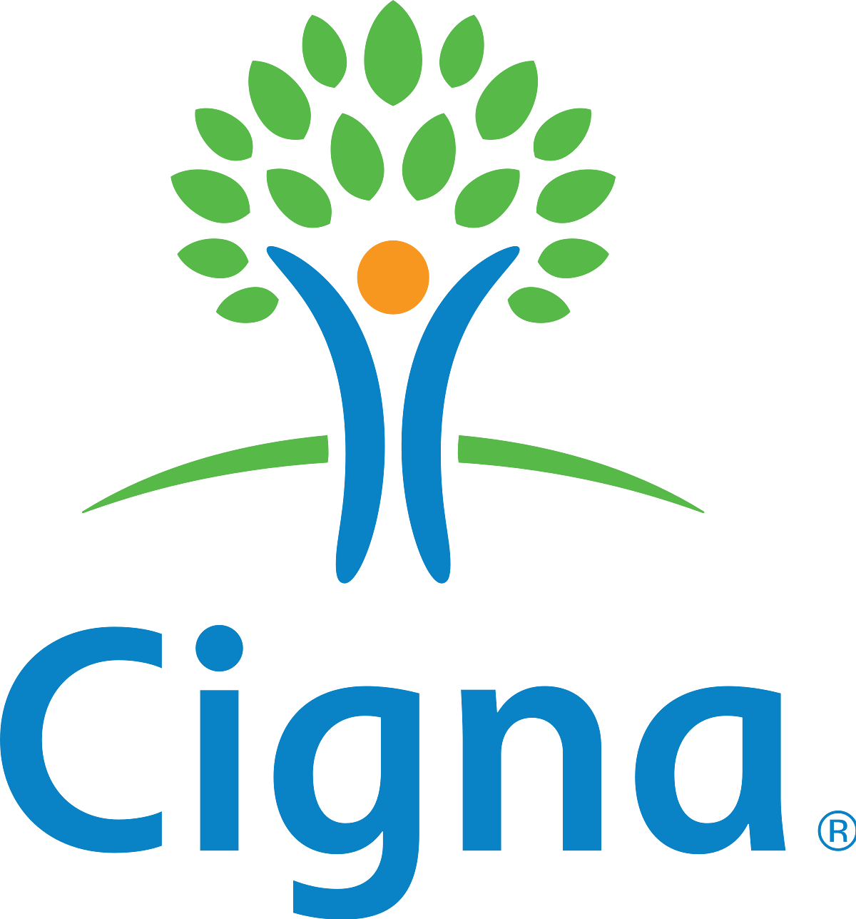 Logo with stylized tree with green leaves, a blue trunk, and a small orange circle representing the sun or fruit, with the text "Cigna" underneath.