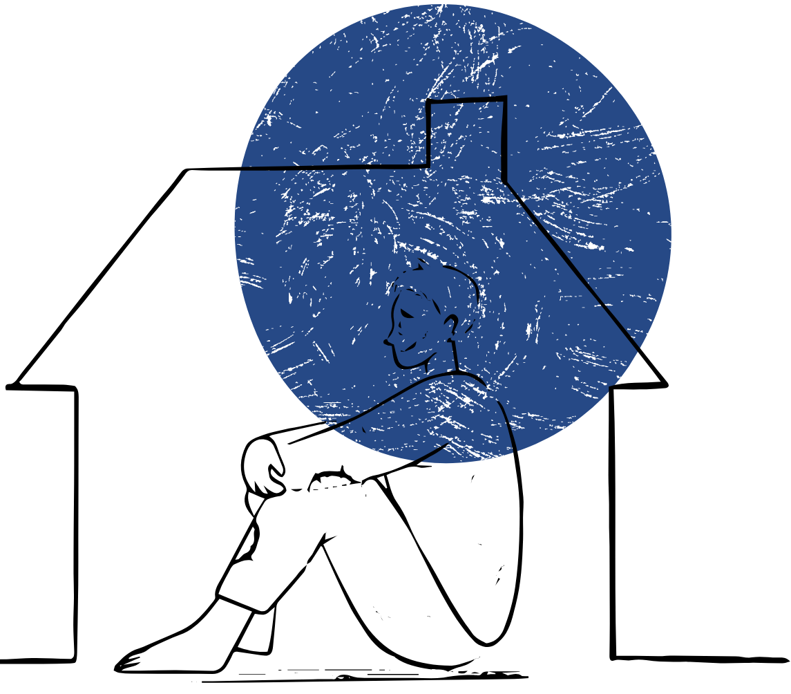 A line drawing of a person sitting with knees up, arms wrapped around legs, smiling while looking away. The background features a large blue circle with white textured lines, with a black outline of a house surrounding the circle.