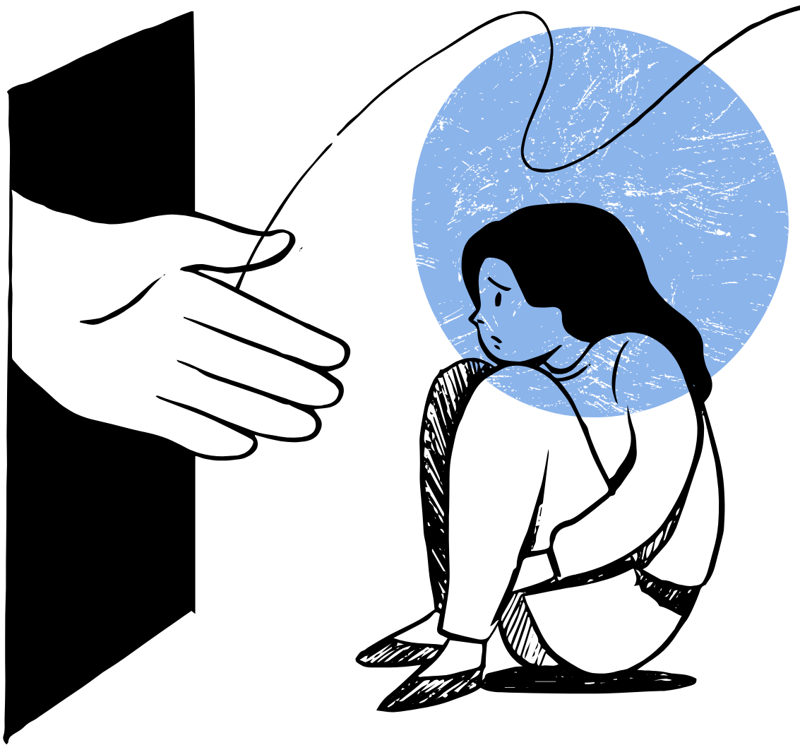 A black and white digital illustration of a girl with long dark hair, sitting on the ground with her knees up and her head lowered. Behind her is a blue circular background with rough texture. To the left, an arm extends through an opening, holding a needle and thread, suggesting sewing or fixing her clothing.