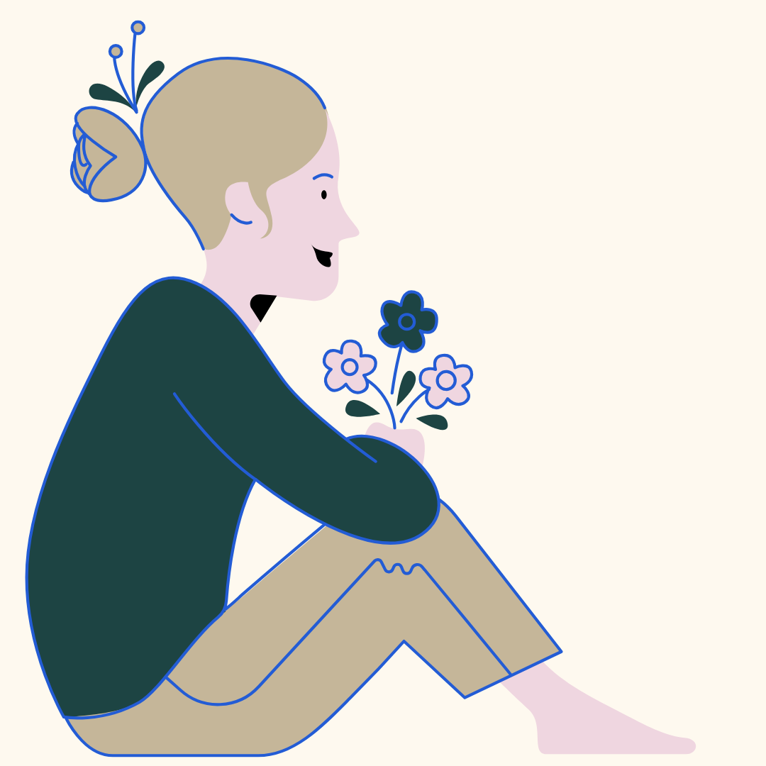 Minimalist illustration of a woman sitting cross-legged, holding a small bouquet of blue and purple flowers, with her hair in a bun decorated with a flower and leaves.