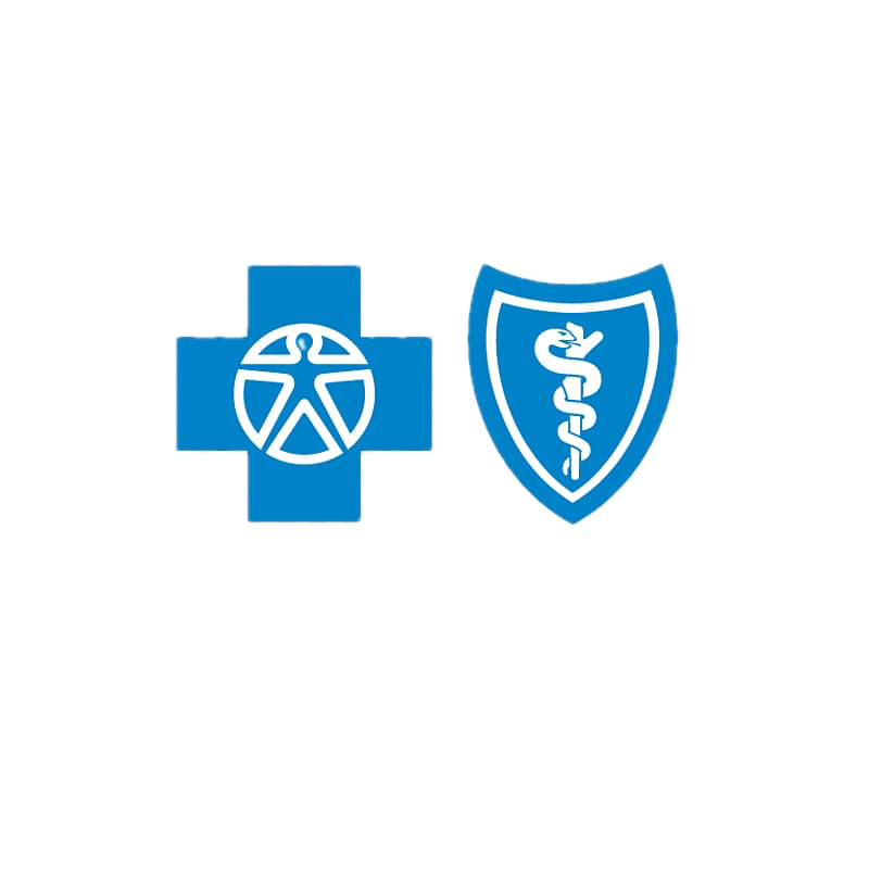 Blue healthcare symbols of a cross with a peace sign and a shield with a caduceus, representing pharmacy and medical insurance.