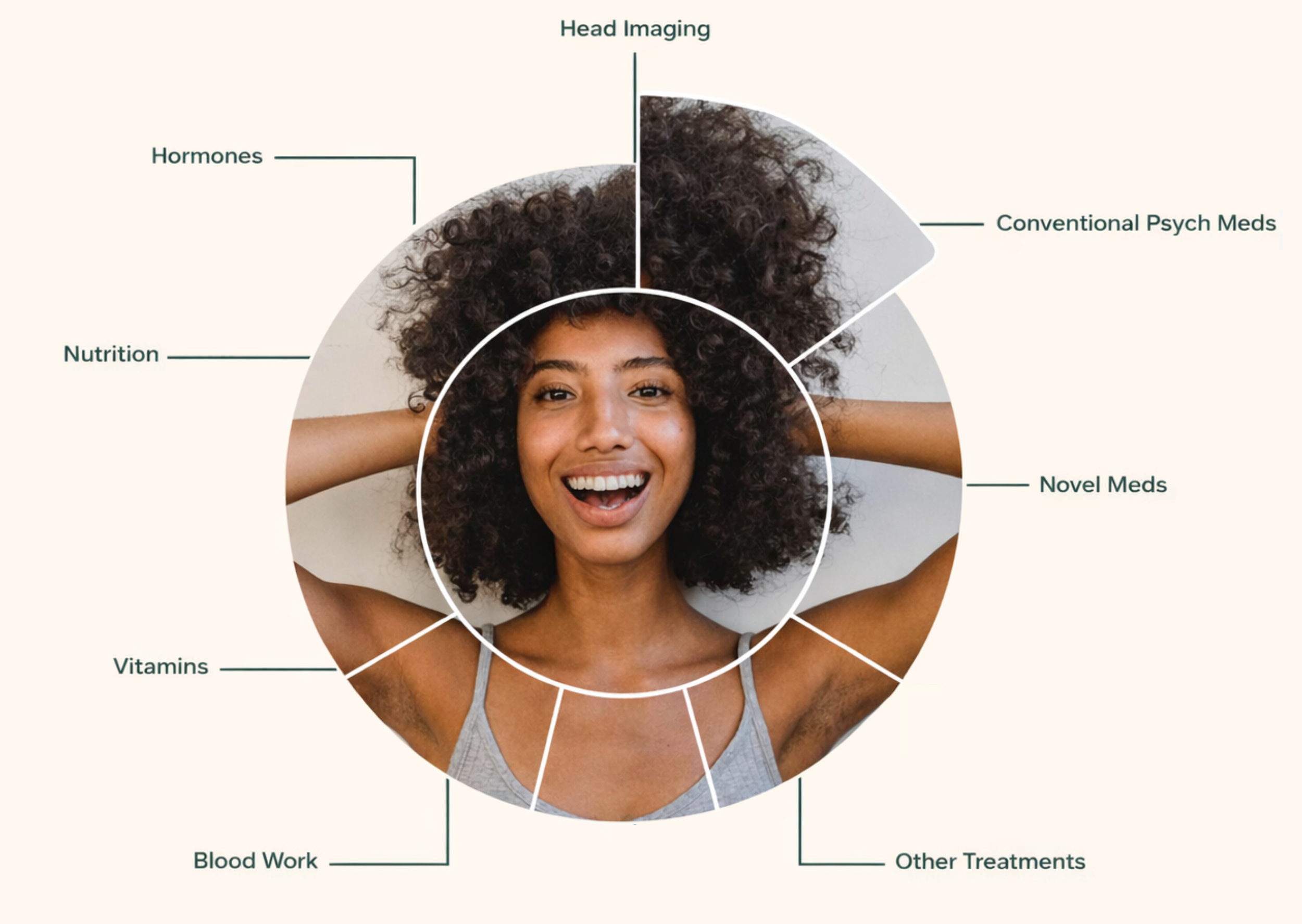 Diagram of a woman with curly hair smiling, with labels indicating different medical or health-related topics around her head, including head imaging, conventional psych meds, novel meds, other treatments, blood work, vitamins, nutrition, and hormones.