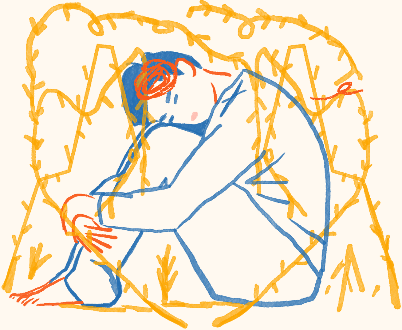 An abstract sketch of a person with dark blue hair and red hair, sitting with their arms wrapped around their knees, surrounded by an orange and yellow star-shaped border.