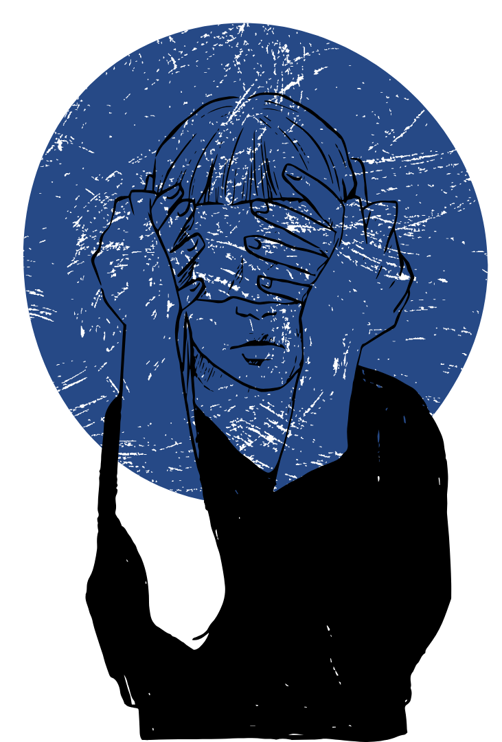 An illustration of a person with a bob haircut covering their eyes with their hands, set against a textured blue circular background.