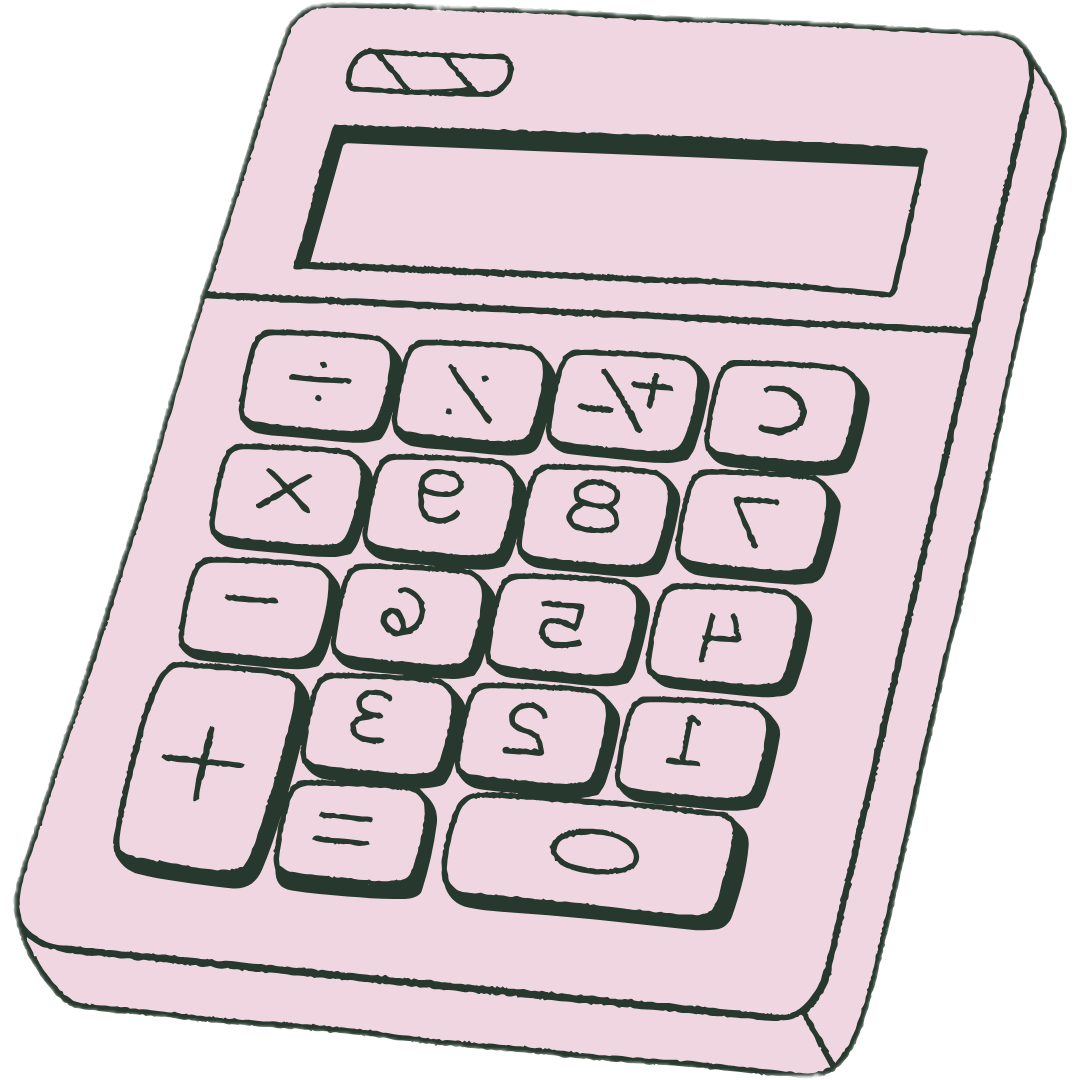A pink calculator with black outline and buttons featuring numbers and basic arithmetic symbols.