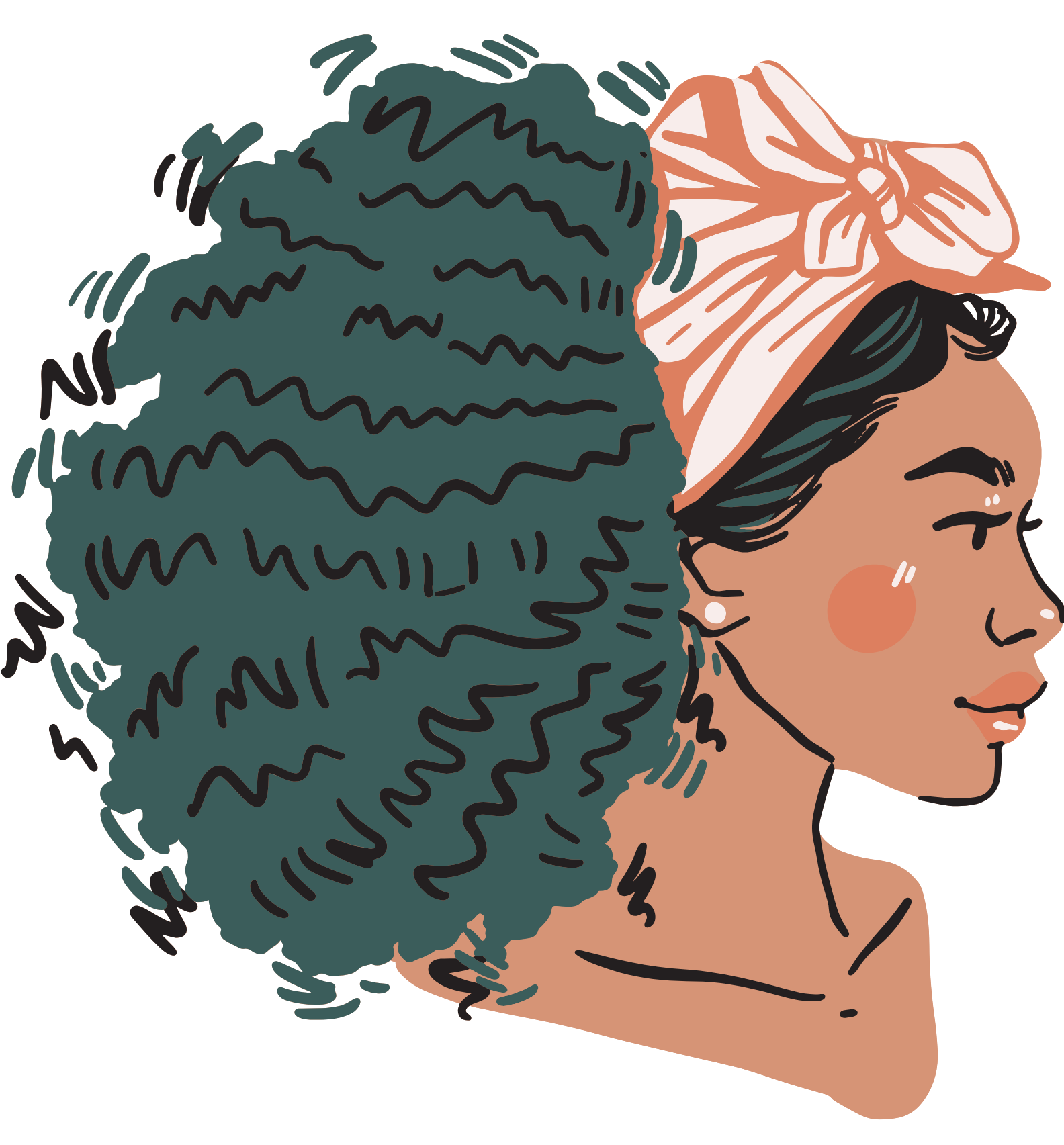 Illustration of a woman with dark skin, curly dark green hair, a peach-colored headscarf with a bow, and a beauty mark.