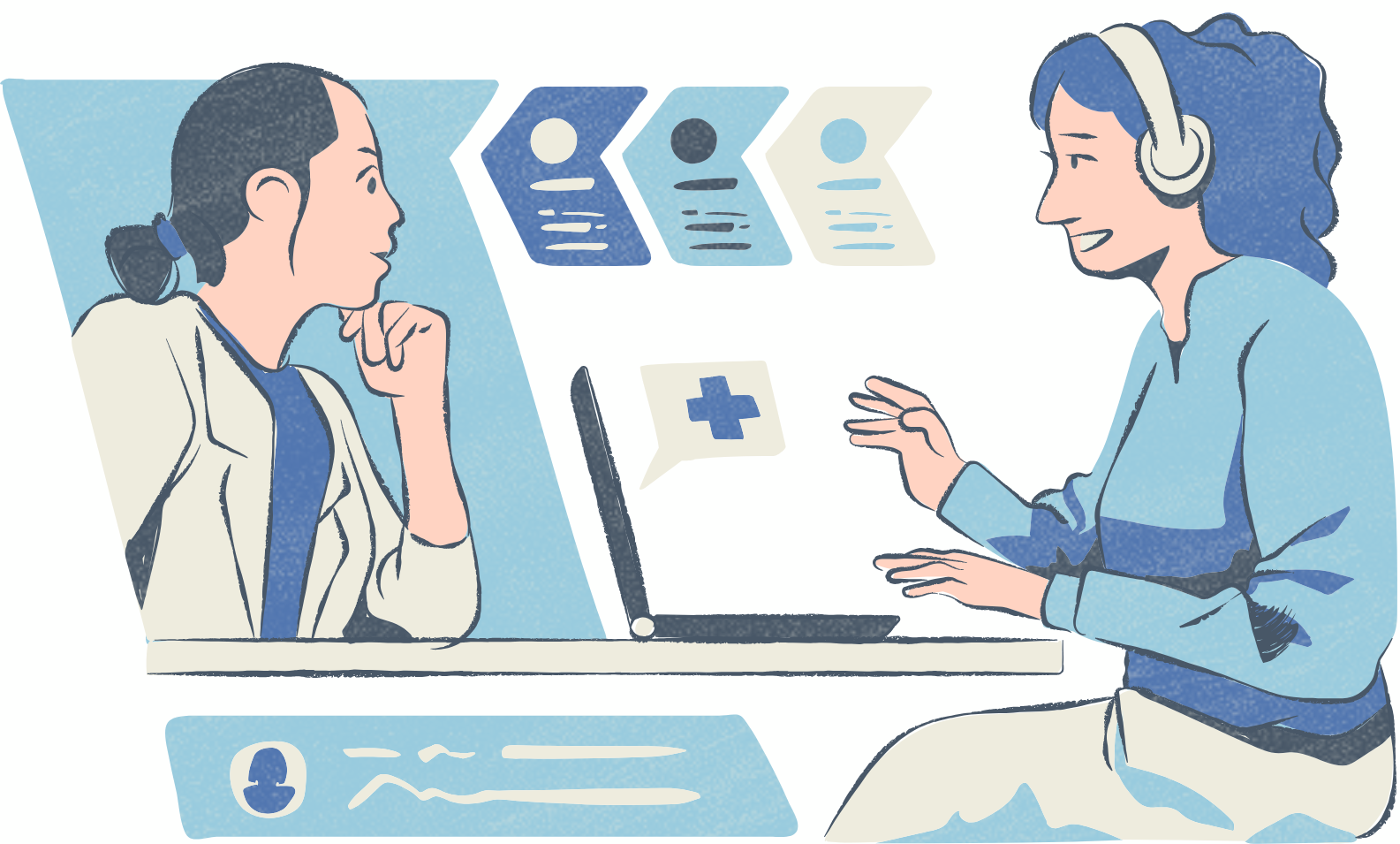 Illustration of a doctor and a female patient having a video consultation, with the doctor on a monitor and chat elements displaying health records and a medical cross icon.