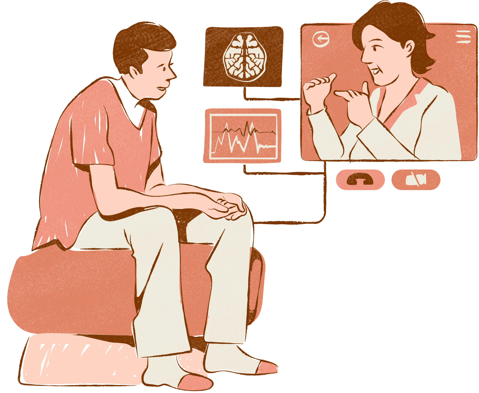 An illustration of a young man sitting on a medical examination table participating in a video call with a female healthcare professional. The scene includes medical images like a brain scan and a heartbeat graph, and video call interface icons at the bottom.