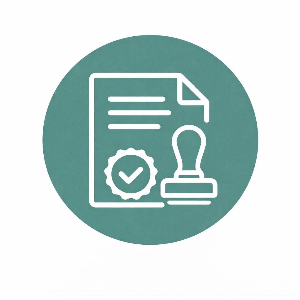 Icon of a document with a checkmark badge and a rubber stamp.