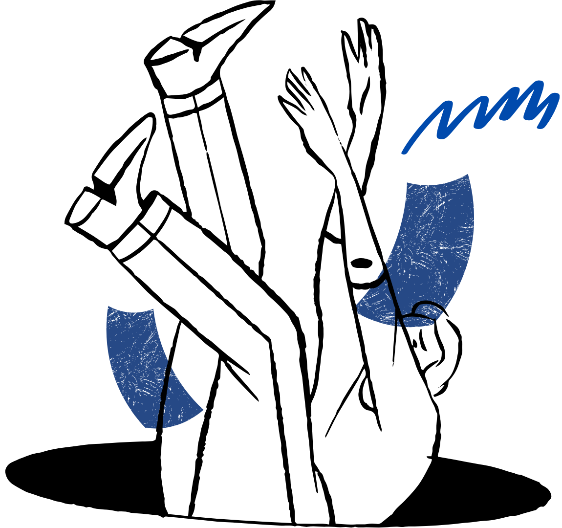 Line drawing of a person pouring a drink, with abstract blue shapes and scribbles in the background.
