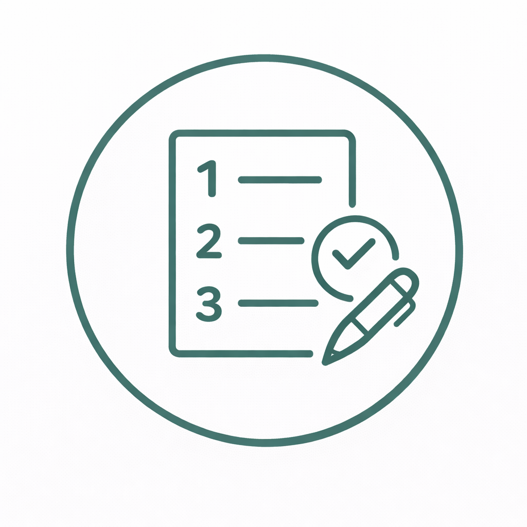 An icon of a checklist with three items, a checkmark, and a pen, enclosed in a circle.