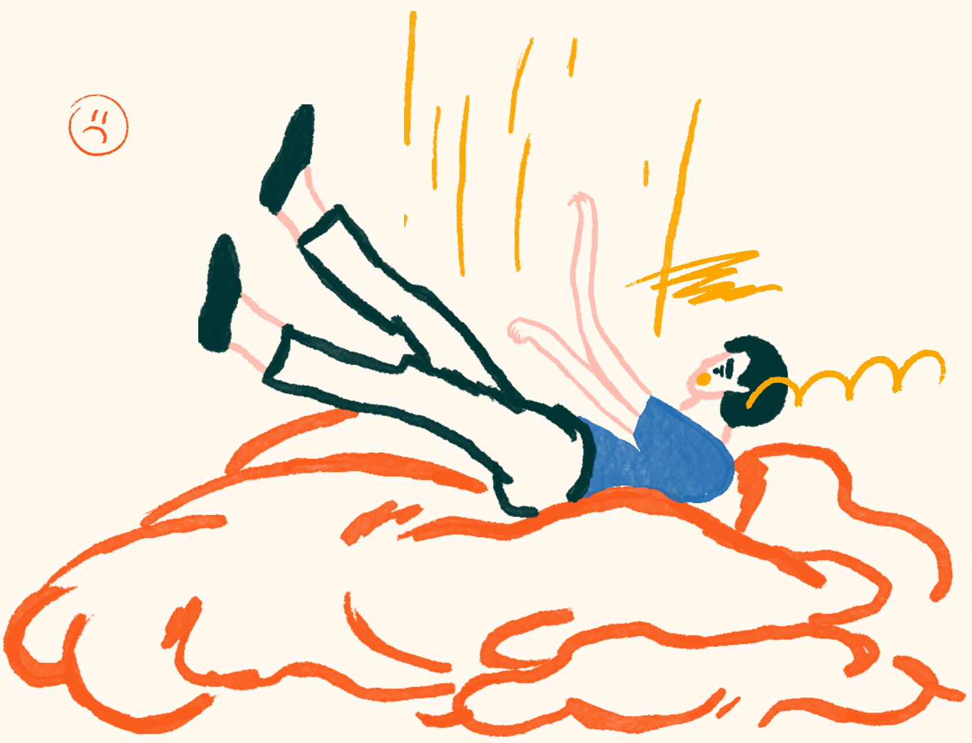A colorful drawing of a person falling off a bed, with motion lines, an angry face, and a cloud of orange smoke around the bed.
