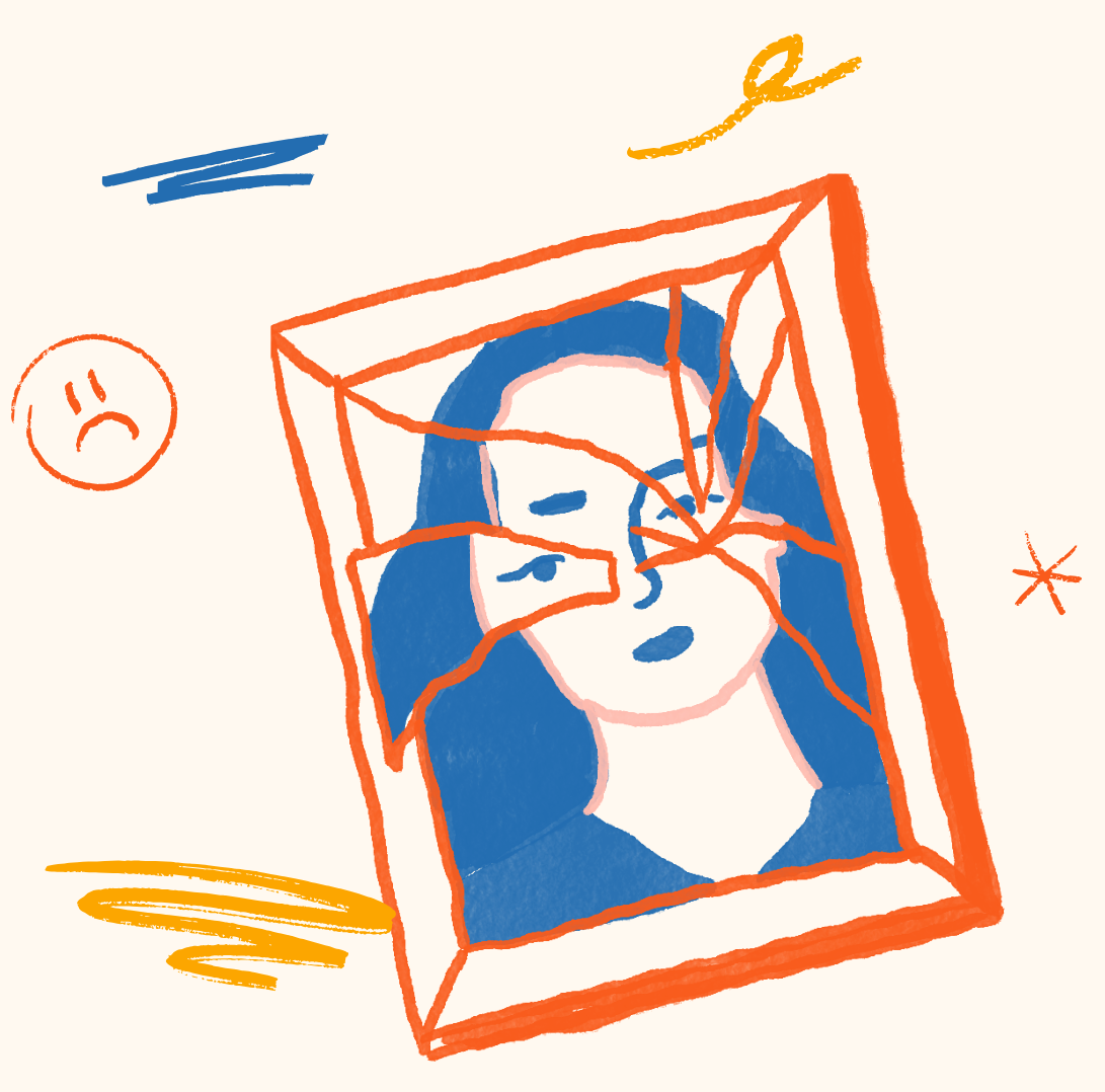 A colorful abstract drawing of a woman's face with blue hair, inside a cracked picture frame, with sad and glasses icons, and animated lines in yellow, blue, and orange.